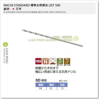 【工具屋】*含稅* NACHI 1.8mm 鐵鑽尾 標準直柄鑽頭 LIST 500 HSS SD 鐵工用 鑽孔 日本