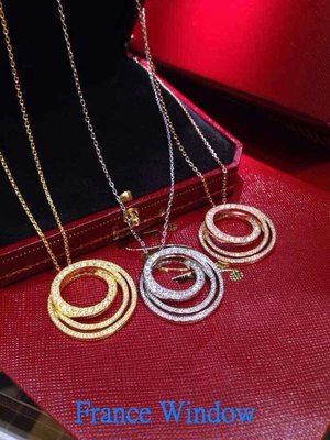 法國櫥窗  卡地亞 Cartier TRINITY三環大號18K黃白玫瑰金鑲鑽鏈吊墜項鏈