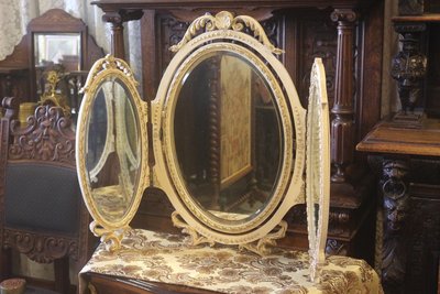 【家與收藏】特價稀有珍藏歐洲古董法國古典華麗精緻巴洛克花卉浮雕三面鏡/桌鏡12