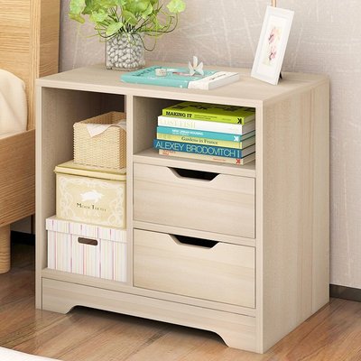 熱賣 床頭柜現代簡約小型臥室床邊柜收納置物架仿實木儲物柜~