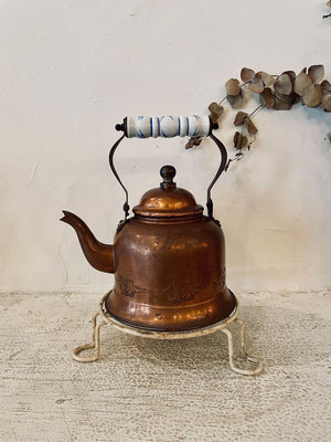 Vintage歐式古典紅銅製陶瓷手把水壺 電影道具展店佈置