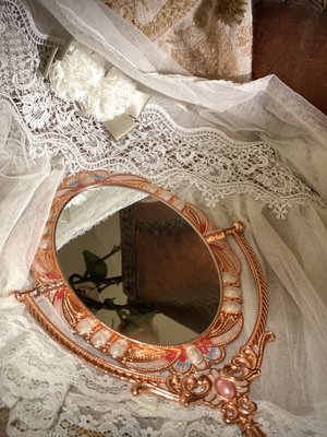 歐式古典浪漫 美人魚雙面桌鏡 粉紅甜美釉彩鑲鑽雙面鏡化妝鏡【更美歐洲傢飾古董老件amazing House】台南