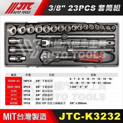 【小楊汽車工具】JTC K3232 3/8"DR.23PCS套筒組 3分 三分 套筒組 板桿 扳桿 膠柄72T 棘輪扳手