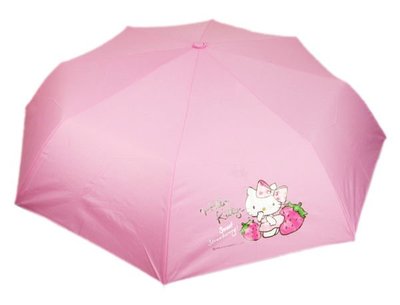 【卡漫迷】 Hello Kitty 掛鉤把手 折傘 草莓 ㊣版 摺疊 雨傘 遮陽 洋傘 輕量防風 抗UV 三折傘 凱蒂貓