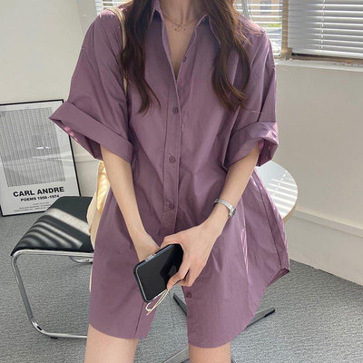 MOL??S-XL韓版紫色短袖襯衫女設計感復古港味新款夏季中長款襯衣寬松上衣服日系 可開發票