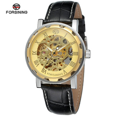 forsining 自動機械機芯歐美羅馬數字鏤空復古皮帶 自動機械手錶