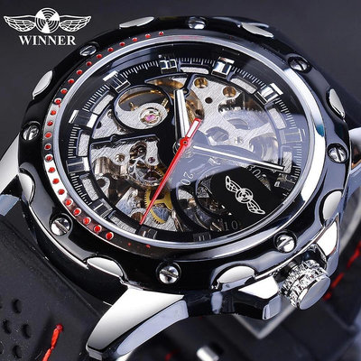 現貨男士手錶腕錶Winner鏤空男士自動機械錶黑色潮流腕錶硅膠錶帶一件起發