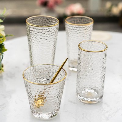 酒杯创意日式透明玻璃水杯女耐热透明金边茶杯杯子家用锤纹玻璃杯套装