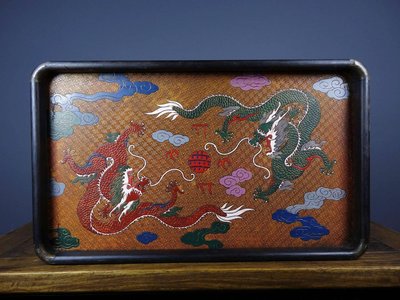 舊藏紫檀木鑲嵌漆雕彩繪盤子茶盤果盤：2640 尺寸：長35cm寬21cm高3cm重量：860g03072