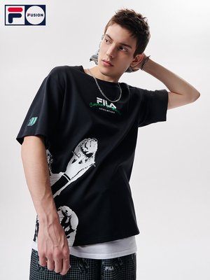 促銷打折 FILA FUSION斐樂潮牌男子針織短袖衫2021秋季新款棒球運動T恤男