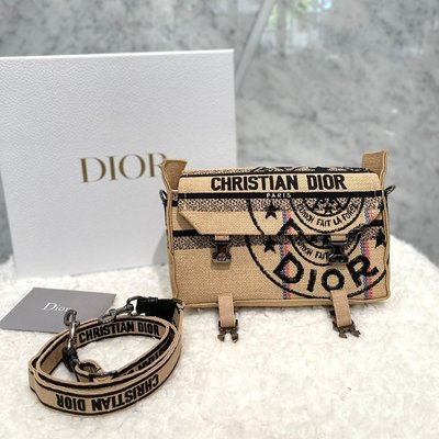 【翰貝格名牌館】全新真品 Dior 新款 Union 米黃 亞麻 刺繡 小號 DIORCAMP 肩背包 郵差包 預購