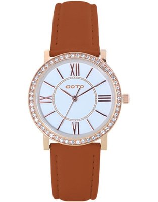 [時間達人] GOTO氣質女孩 鑲鑽 玫瑰金 羅馬風情咖啡皮帶錶時尚 超薄 水晶玻璃 GL0058L-4K-241
