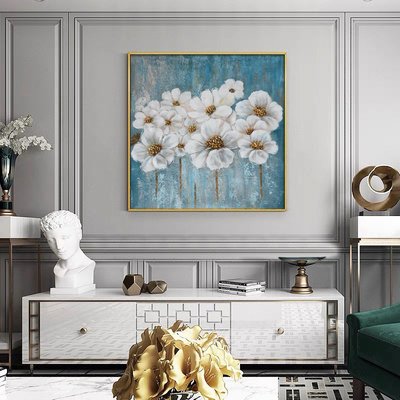 手工油畫純手繪花卉油畫高級感掛畫藍色系現代簡約抽象壁畫客廳餐廳裝飾畫
