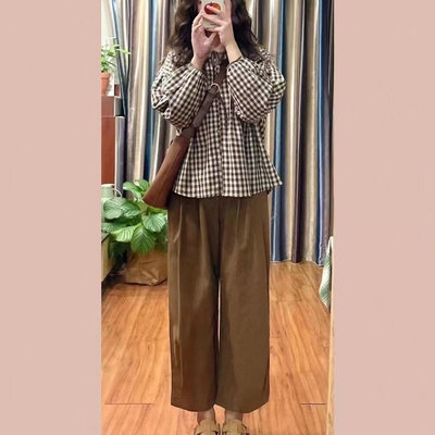 韓版女生套裝/單件早秋日系學生女寬鬆慵懶風格子襯衫+九分寬褲子兩件套