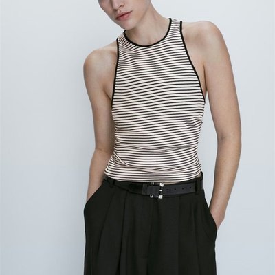 【全新現貨】Massimo Dutti 西班牙 歐美女裝 2023夏季新款 修身型圓領黑白條紋無袖背心 T 恤