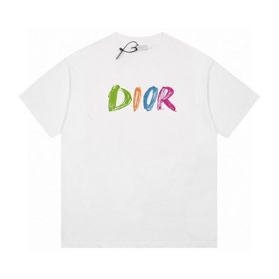 Leann代購~ Dior 迪奧 新款彩繪字母印花短袖休閒圓領T恤男女寬鬆百搭情侶上衣