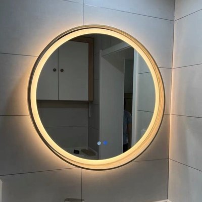 鏡子掛墻浴室鏡圓形洗漱臺衛生間led光帶燈霧實木框鏡壁掛 自行安裝