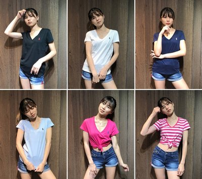 美國百分百【全新真品】Ralph Lauren 女 RL 短袖 T-shirt 小馬 T恤 上衣 V領 素面 B053