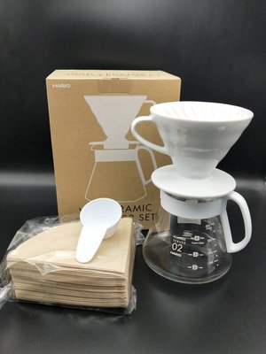 【圖騰咖啡】HARIO 日本有田燒陶瓷手沖咖啡套組 白色1~4人份陶瓷濾杯+耐熱玻璃壺+濾紙+豆匙 XVDD-3012W