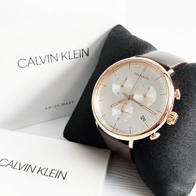 美國百分百【全新真品】Calvin Klein 手錶腕錶 皮革錶帶 CK 三眼計時錶 K8M276G6 玫瑰金 CD78