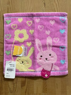 (出清。新品)日本純綿方巾。手帕。手巾-粉紅色兔子