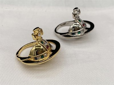 現貨熱銷-Vivienne Westwood 金色銀色弧形土星環半面立體彩鉆戒指網紅