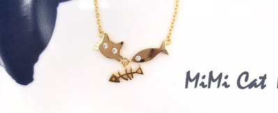 貓咪愛吃魚－韓國可愛貓咪和魚骨頭造型水鑽裝飾短項鍊/短鍊/鎖骨鍊/正韓【MiMiCat】