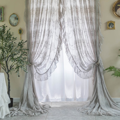 熱賣 法式復古灰色洛可可蕾絲公主風少女紗簾歐式客廳飄窗窗簾隔斷門簾