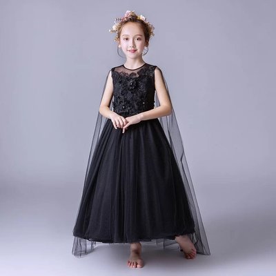 韓版 中大童禮服鋼琴演奏花童 黑色禮服 洋裝紗裙 黑色長禮服