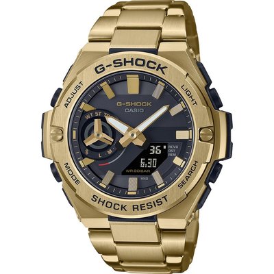【金台鐘錶】CASIO卡西歐G-SHOCK 太陽能 強悍型(不鏽鋼錶帶)(藍芽)(黑x金) GST-B500GD-9A