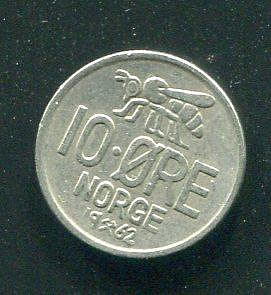 【硬幣】NORWAY (挪威), 10 ORE , K411 , 1962 #203378 品相極美XF