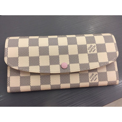 二手 Louis Vuitton LV N41625 EMILIE 白棋盤格紋扣式零錢長夾.粉紅色