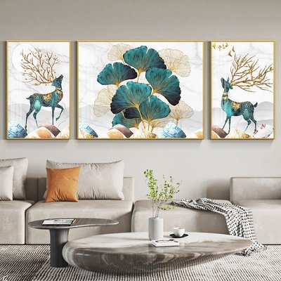 北歐風格客廳裝飾畫現代三聯畫數字沙發背景墻壁畫油畫金麋鹿掛畫~特價家用雜貨