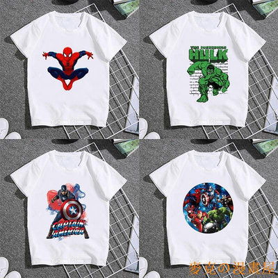 KC漫畫屋復仇者聯盟超級英雄 T 恤兒童男孩 T 恤蜘蛛俠美國隊長綠巨人印花嬰兒青少年兒童衣服夏季上衣生日禮物