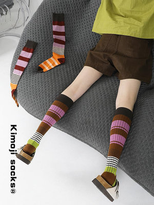 撞色條紋小腿襪女顯瘦長筒襪壓力運動高筒襪美式復古秋冬純棉襪子
