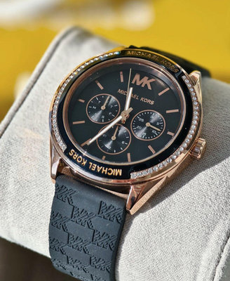 MICHAEL KORS Jessa 水鑽圈 黑色錶盤 黑色矽膠錶帶 石英 女士手錶 MK7266