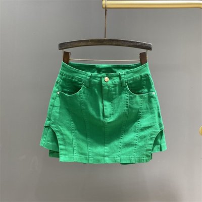 下殺-綠色高腰假兩件牛仔短裙女裝夏季新款時尚設計感a字包臀半身褲裙D