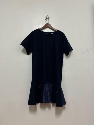 a la sha 藍色下襬有材質拼接藍白點點圓領短袖寬鬆連身洋裝 / M  / 8988