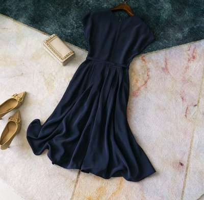 法式優雅 一分袖 深藍色洋裝 大裙擺 連身裙 特價