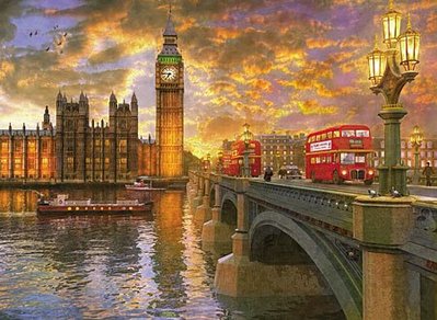 缺 1023 1000片歐洲進口拼圖 PER 繪畫風景 英國 倫敦 夕陽下的大笨鐘 威斯敏斯特