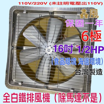 『工業低噪音』免運 白鐵型 16吋 1/2HP 6極 單相 工業排風機 吸排 通風機 抽風機 電風扇 抽煙機(台灣製造)
