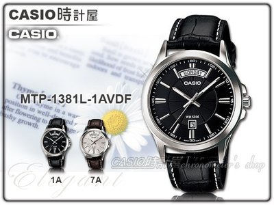 CASIO 時計屋 卡西歐手錶 MTP-1381L-1A 男錶 指針錶 真皮錶帶 黑 礦物玻璃鏡面 保固 附發票