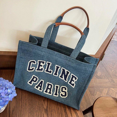 Celine CABAS 藍色字母印花織物牛皮革tote帆布包沙灘包購物包*附購證