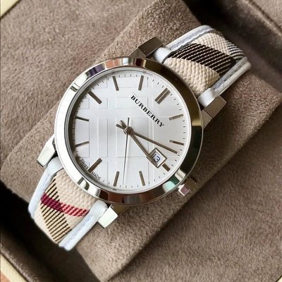 BURBERRY 銀白色錶盤 白色配格紋錶帶 石英 女士手錶 BU9136