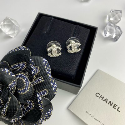 【翰貝格名牌館】全新真品 Chanel 銀色 金屬 水鑽 雙C 小款 針式 耳環 AB5340