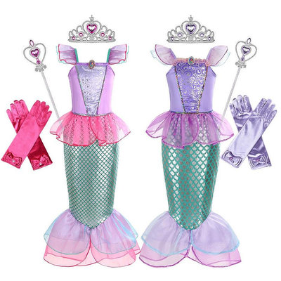 女童美人魚愛麗兒公主裙cosplay服裝兒童美人魚裙兒童派對錶演服-滿599免運 巴卡巴卡