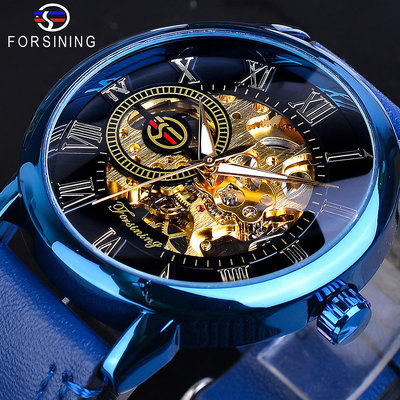 現貨男士手錶腕錶新款 forsining 手錶男時尚休閑經典流行藍色 手動機械錶