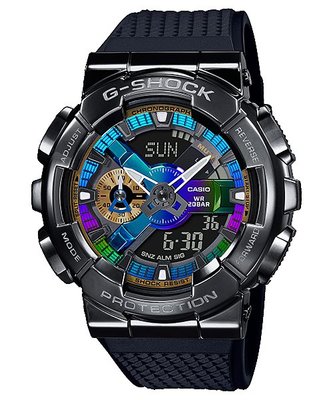 【金台鐘錶】CASIO卡西歐G-SHOCK (全黑金屬質感不鏽鋼)搭配樹脂錶帶(繽紛色彩的錶盤) GM-110B-1A