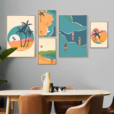 夏季海灘衝浪牆藝術卡通男女海報和版畫熱帶風景畫布畫客廳裝飾