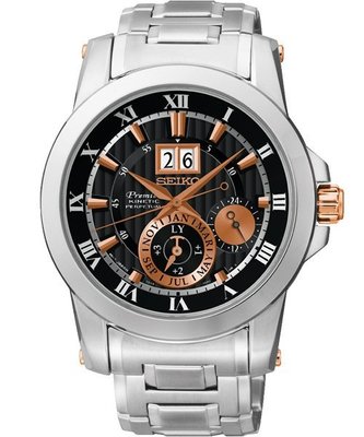 SEIKO PREMIER 人動電能萬年曆腕錶(SNP098J1)-黑x玫塊金/42mm7D56-0AB0K